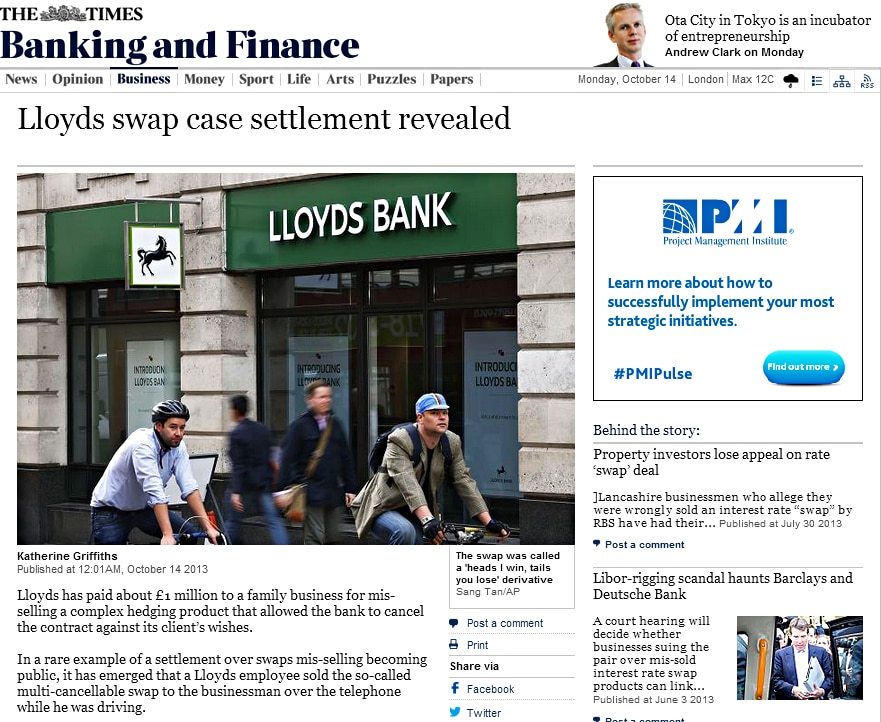 The Times - Lloyds case settlement revealed - LEXLAW Litigation Solicitors & Barristers Bank Swaps Mis-selling