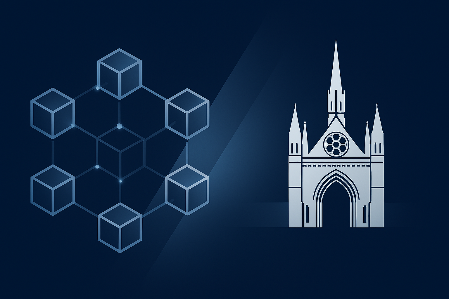 Stylised digital illustration showing a blockchain network connecting to the Royal Courts of Justice silhouette, symbolising the intersection of cryptocurrency technology and English fiduciary law.
