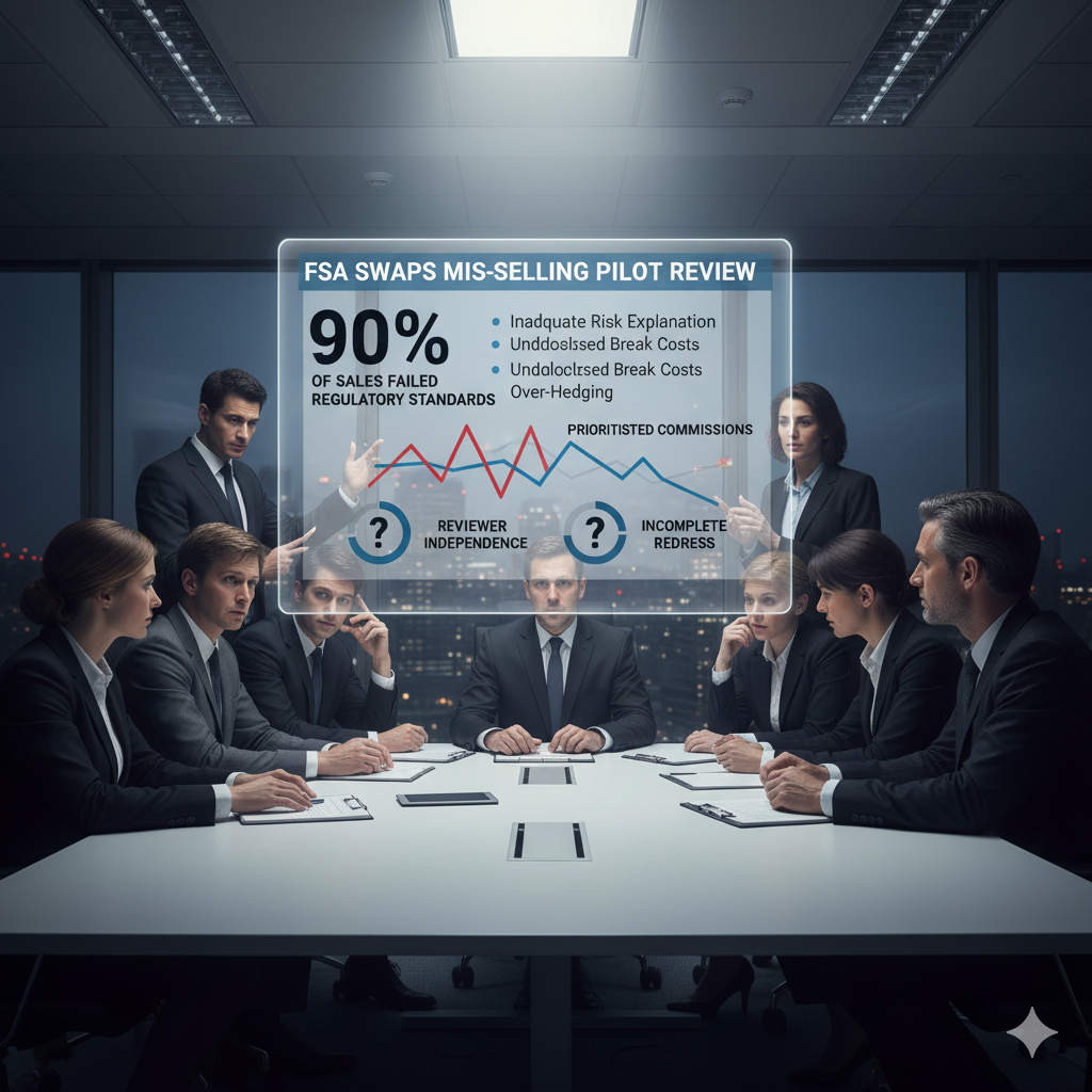 Here's an image depicting the FSA's pilot review findings for swaps mis-selling. It shows a scene with financial professionals looking concerned over documents, charts highlighting high mis-selling rates, and subtle visual cues indicating inadequate explanations, undisclosed costs, and over-hedging. The overall tone conveys seriousness and the implications of regulatory failure.