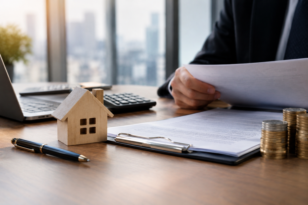Realistic business finance documents, house model, calculator and coin stacks on an office desk, representing UK government-backed business loans and directors’ personal guarantees.