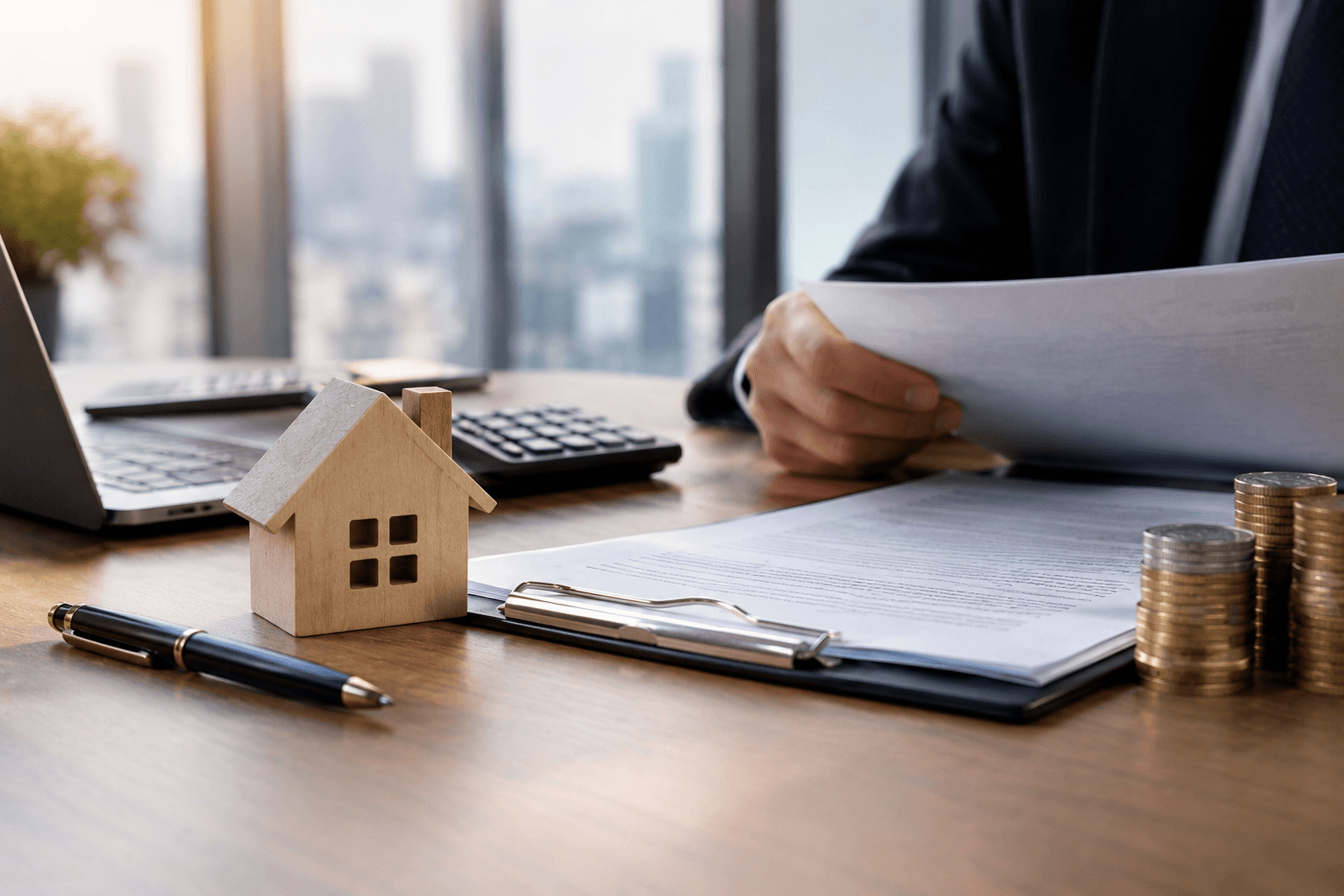 Realistic business finance documents, house model, calculator and coin stacks on an office desk, representing UK government-backed business loans and directors’ personal guarantees.