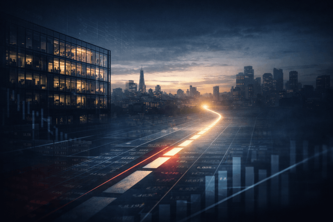 Digital cityscape at dawn highlighting a modern office building with overlaid financial charts and a glowing path, representing HMRC Time to Pay negotiation and structured tax repayment in 2026.