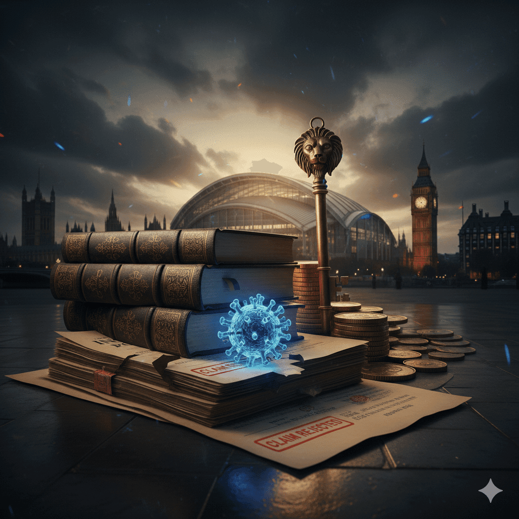London skyline (Houses of Parliament/Big Ben) with a cracked insurance contract, a bundle of Pound Sterling cash, and a symbolic broken chain. Represents the UK Court of Appeal ruling confirming COVID-19 business interruption cover and rejecting insurer arguments on causation