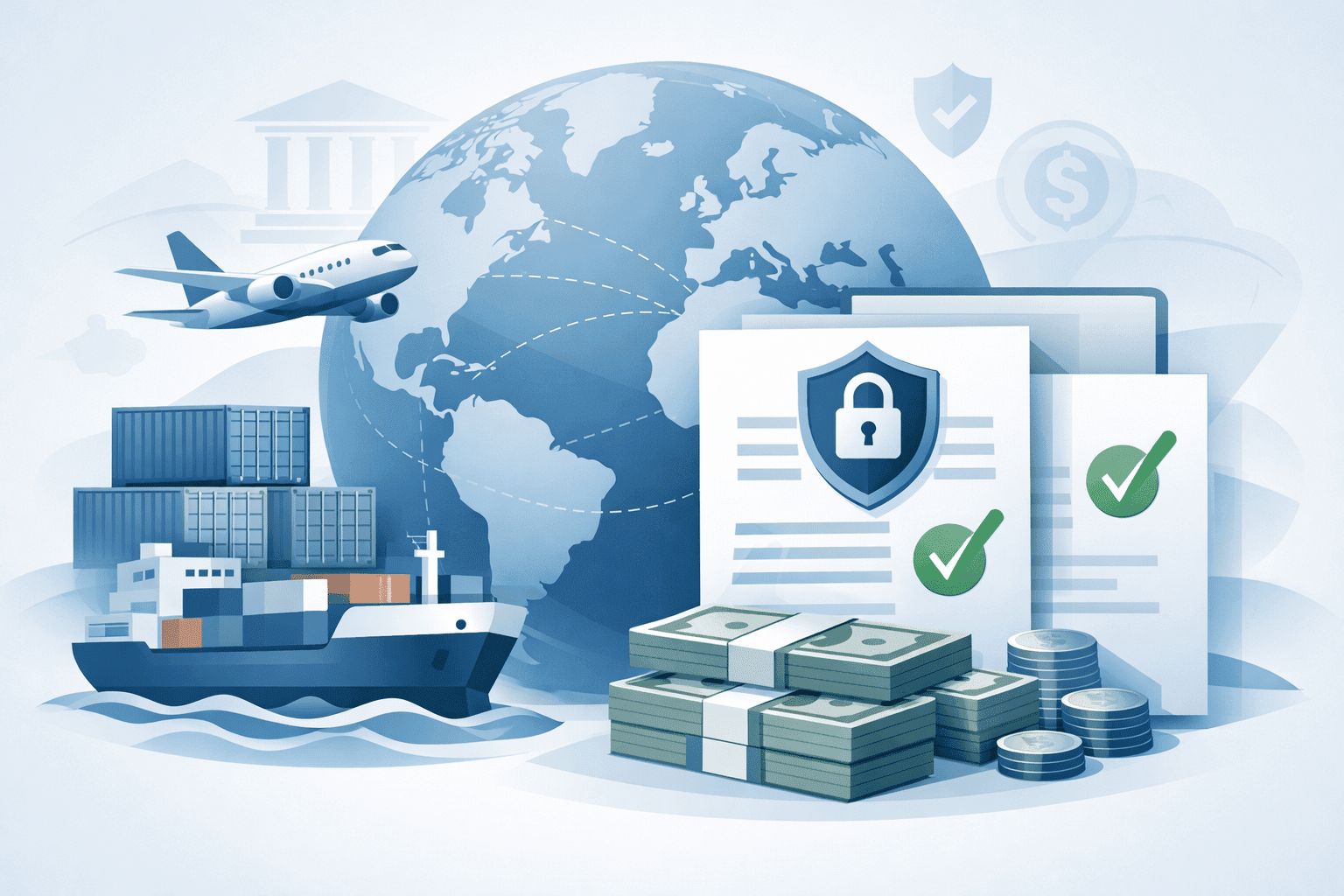 An illustrative graphic representing international trade finance, featuring a cargo ship, a freight plane, a globe, and secured financial documents with green checkmarks and a padlock icon, alongside stacks of cash.