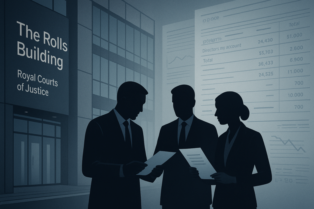Silhouetted business directors reviewing financial documents outside the Rolls Building, with overlaid company accounts suggesting investigation and insolvency litigation.