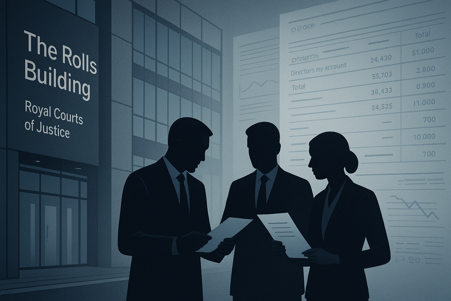 Silhouetted business directors reviewing financial documents outside the Rolls Building, with overlaid company accounts suggesting investigation and insolvency litigation.