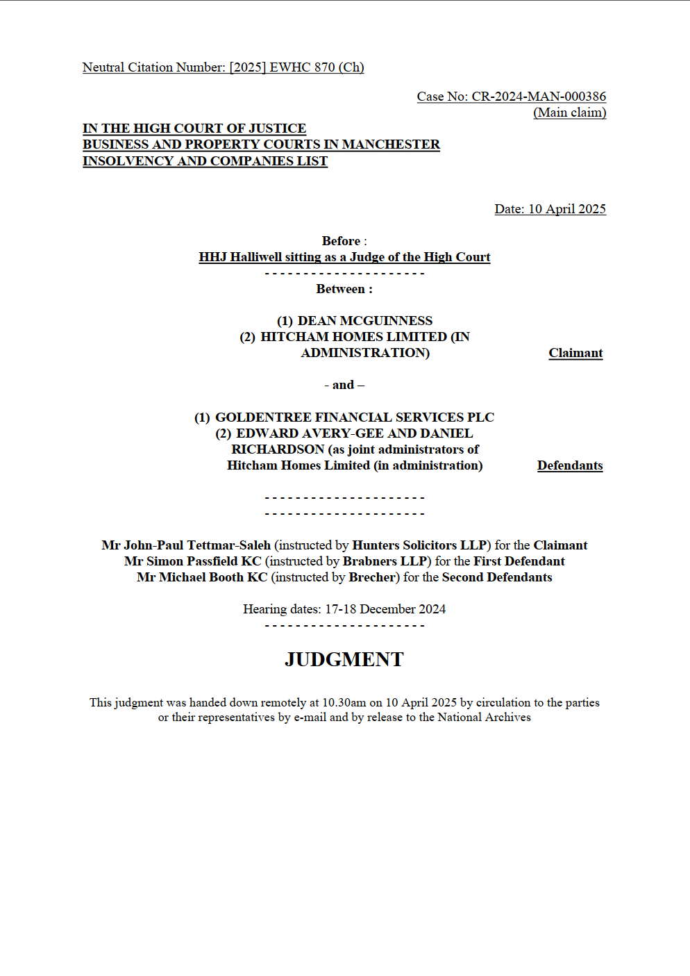 McGuinness & Anor v Goldentree Financial Services PLC & Anor [2025] EWHC 870 (Ch)