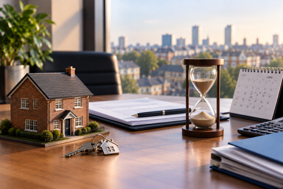 Miniature family home with house keys, financial documents, calculator and hourglass representing time to avoid mortgage repossession.