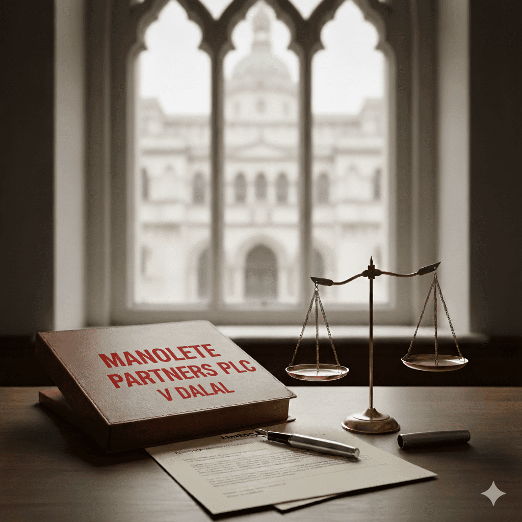 Director Win Manolete Claim: Court of Appeal judgment folder with balance scale tipped in favor of the director, symbolizing the evidential failure of the £849k insolvency claim.