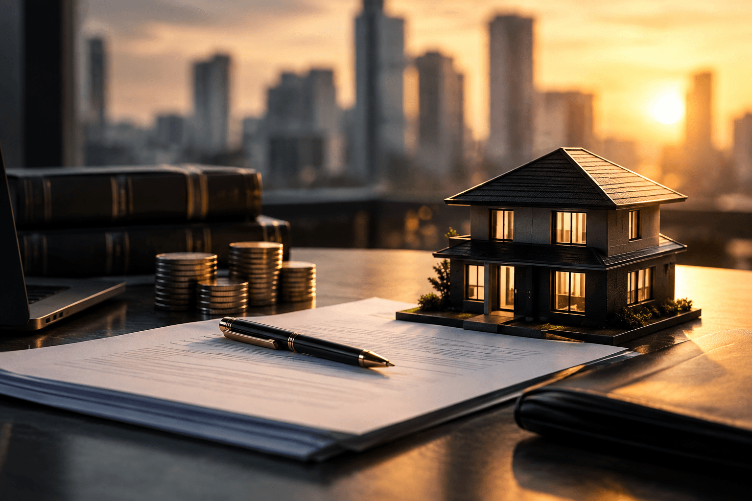 A miniature house model on a legal document with stacked coins and a cityscape sunset background.