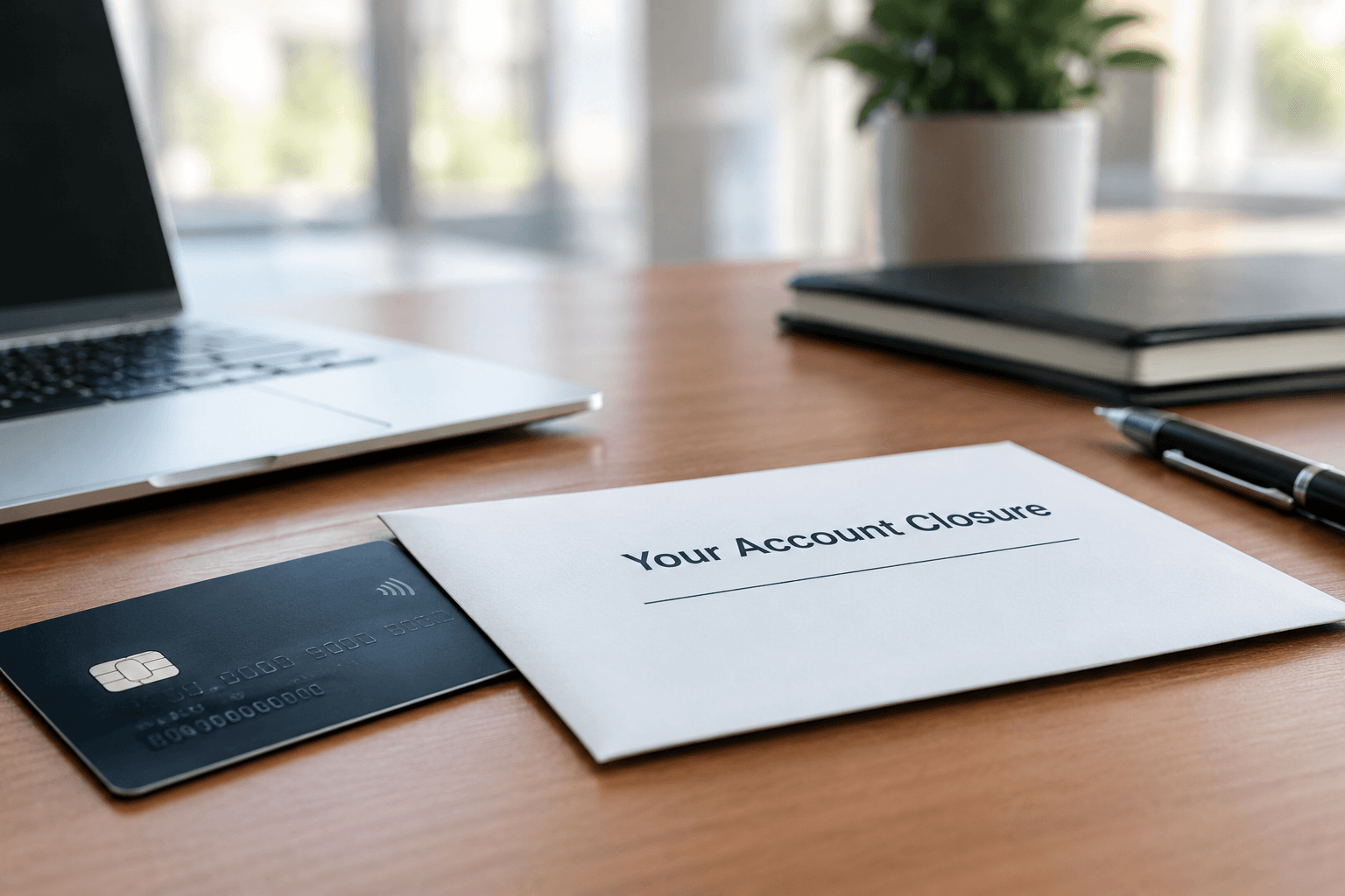 Realistic office desk with a bank card, laptop and account closure letter illustrating UK bank account closure rules and the new 90-day notice period in 2026.