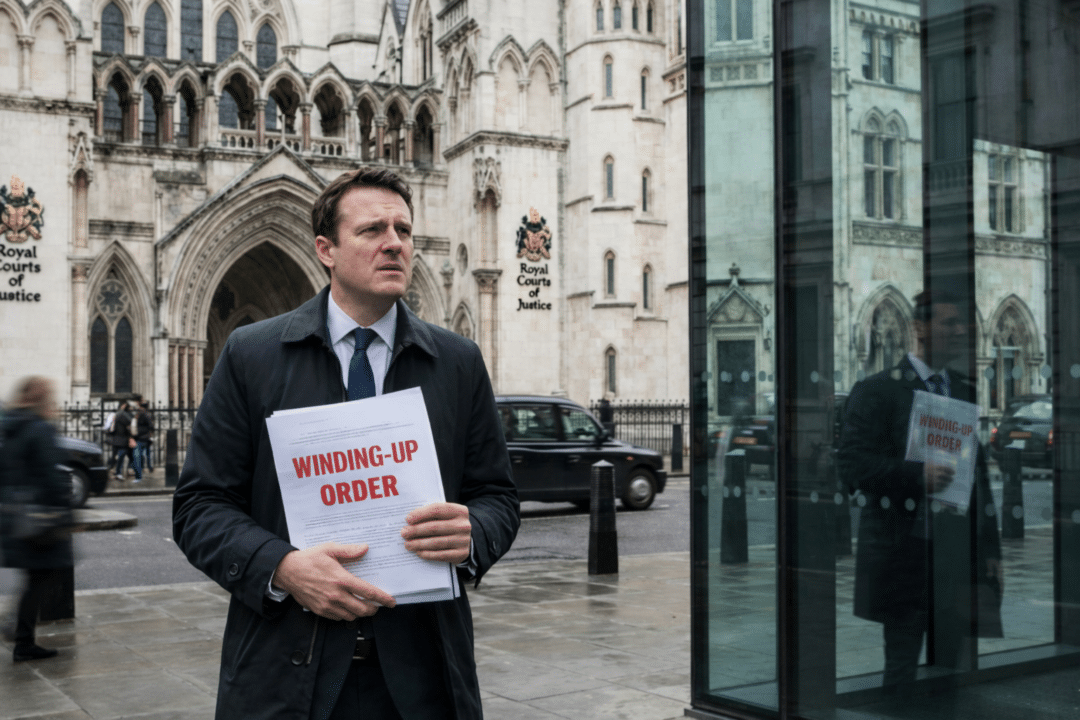 Company director holding a winding-up order outside the Royal Courts of Justice in London