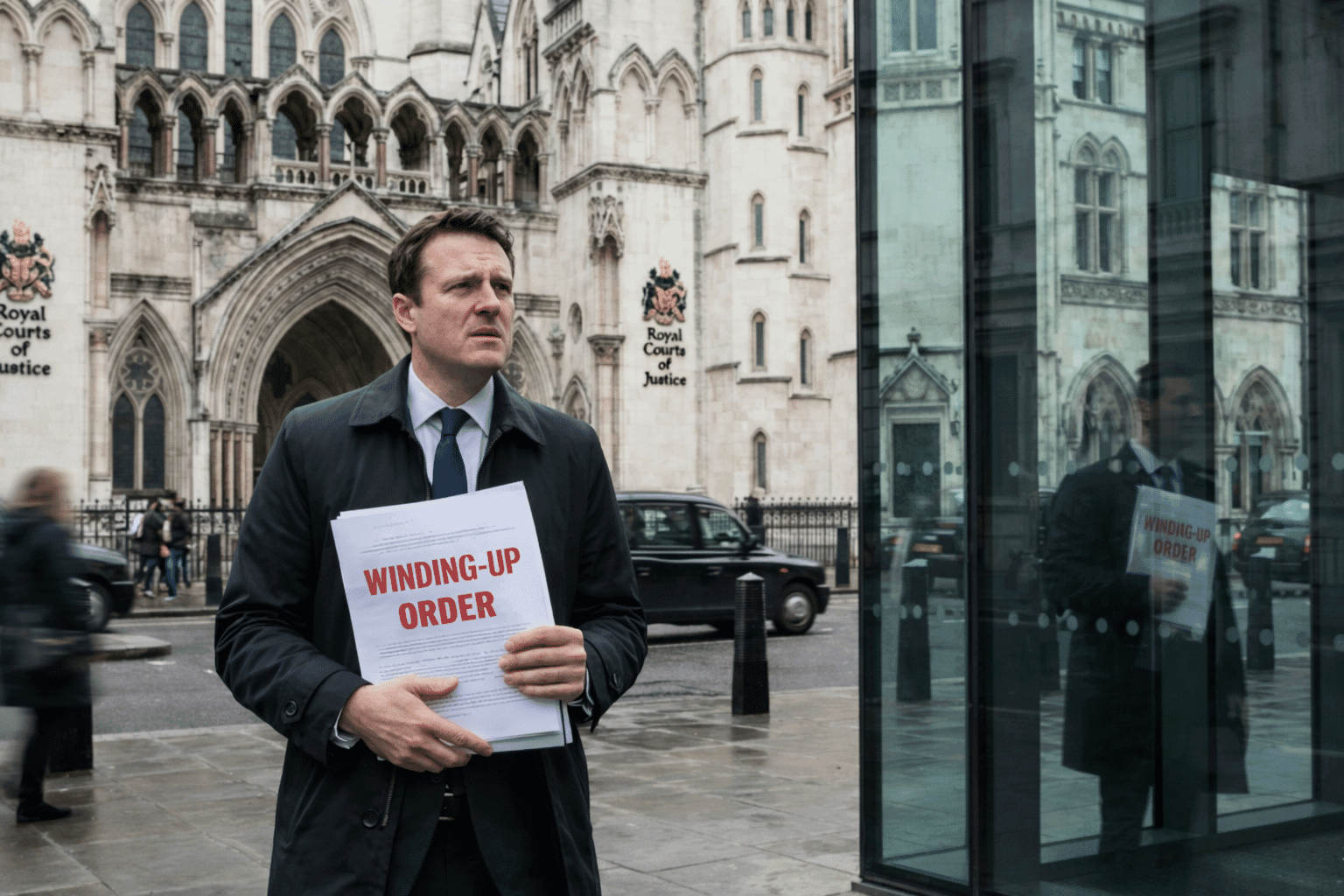 Company director holding a winding-up order outside the Royal Courts of Justice in London