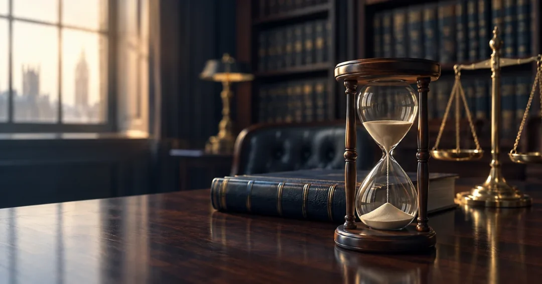 Hourglass and scales of justice representing the limitation period for liquidator claims after THG v Zedra