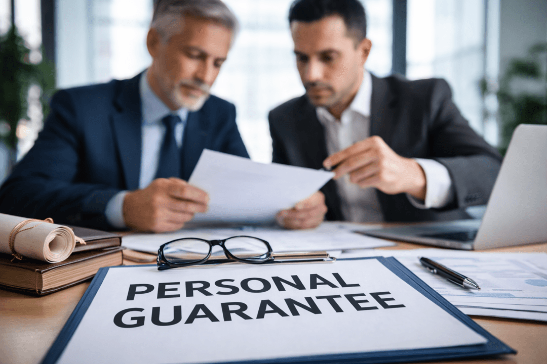 Company directors reviewing a personal guarantee agreement after corporate default in a professional office setting