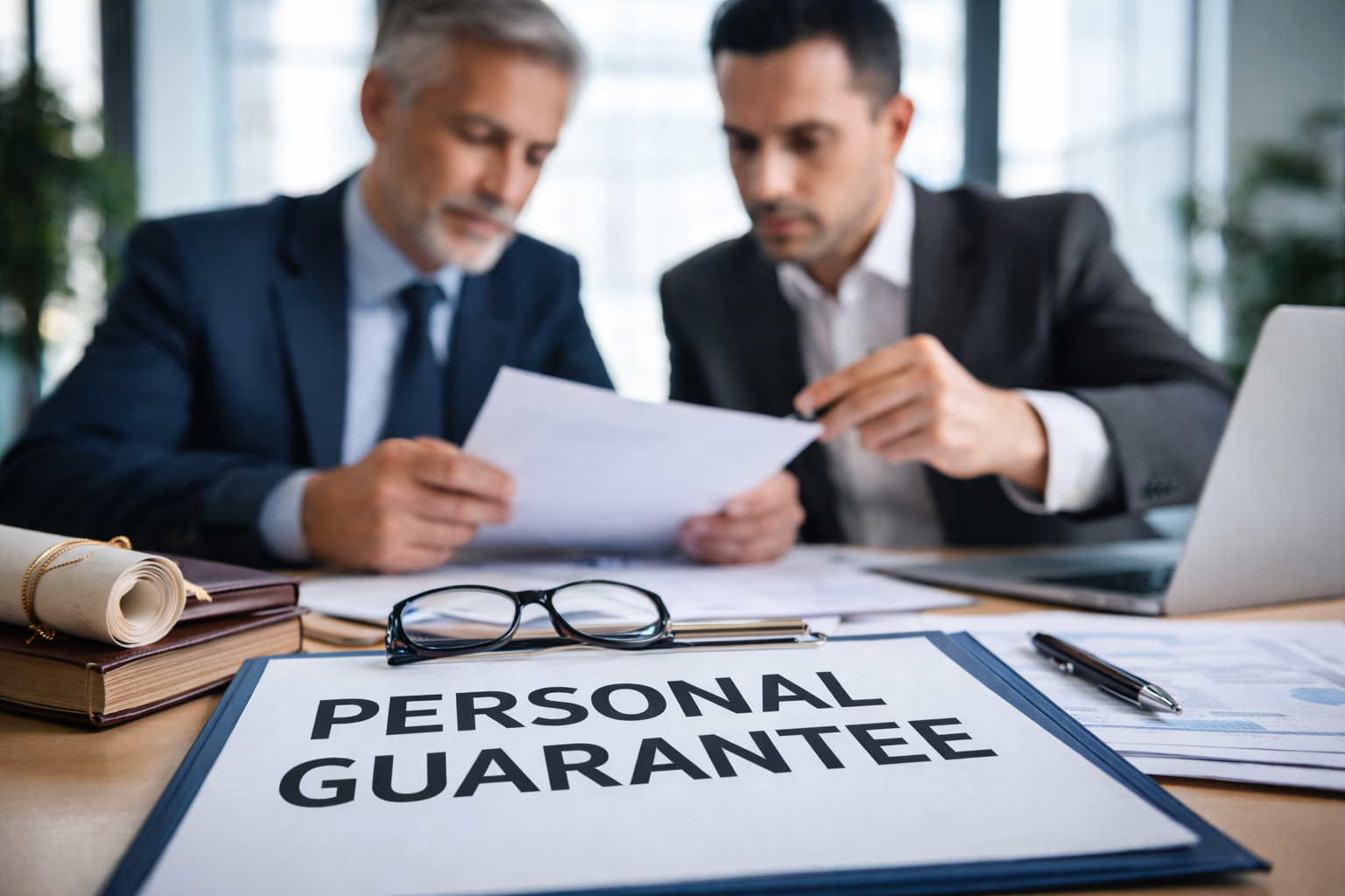 Company directors reviewing a personal guarantee agreement after corporate default in a professional office setting